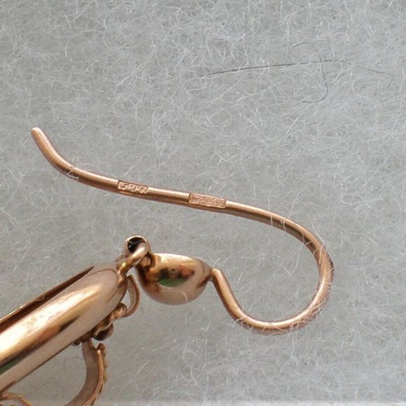 Antique Vintage Russian USSR 14K 583 Rose Pink Gold 3D Dangle Drop EARRINGS # 2 - Picture 9 of 10